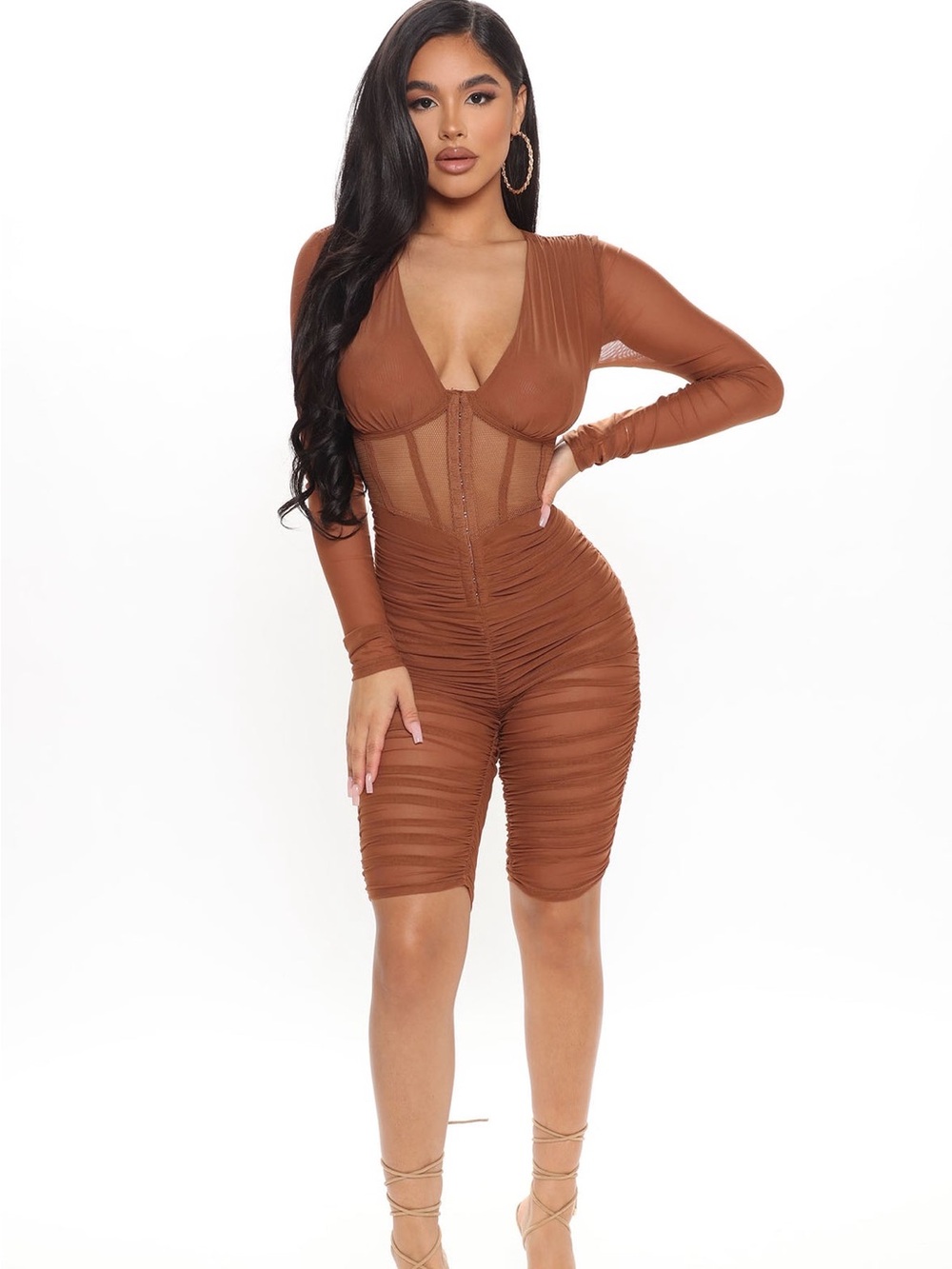 Fashion Nova Brown Mesh Ruched Long Sleeve Romper in Black